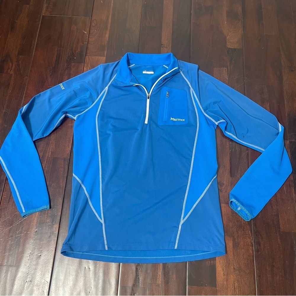 Marmot Men's Medium Blue Pullover 1/4 Zip  Chest Pocket Stained